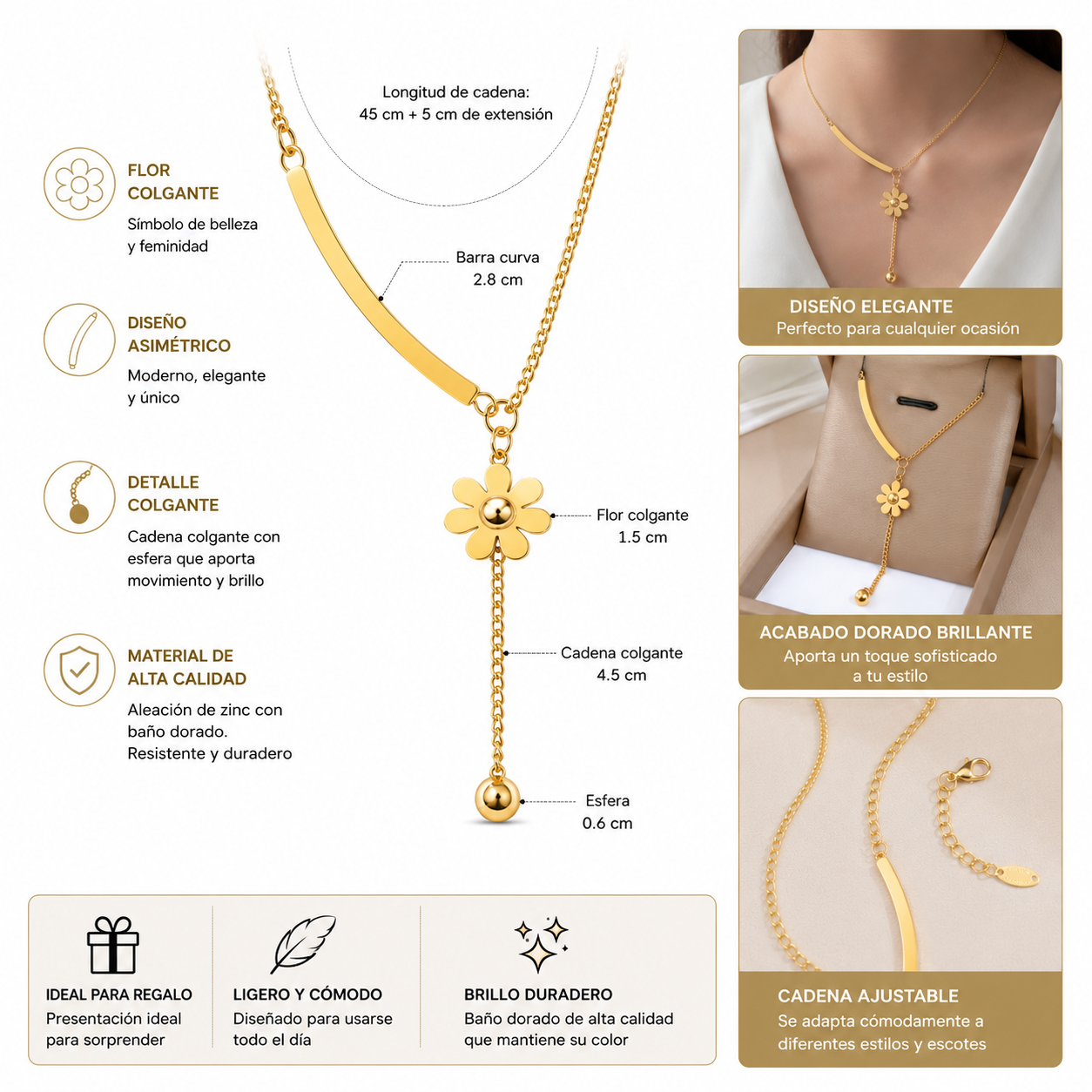 Collar Flor Dorado Vellusso - collar de acero inoxidable 316L con diseño floral delicado y colgante de esfera dorado