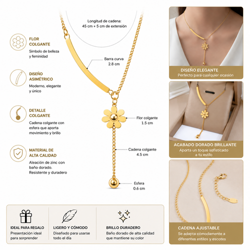 Collar Flor Dorado Vellusso - collar de acero inoxidable 316L con diseño floral delicado y colgante de esfera dorado